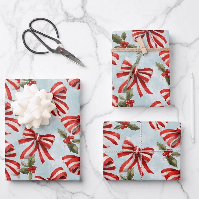 Red White Striped Bows Christmas Holly Wrapping Paper Sheets (Front)