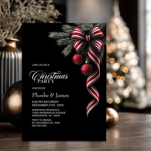 Red White Striped Christmas Bow Christmas Party Invitation
