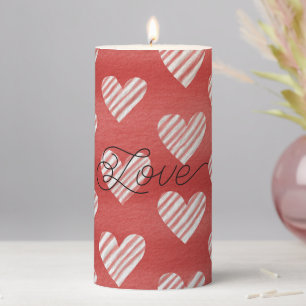 Red White Striped Hearts Valentine's Day Love Pillar Candle