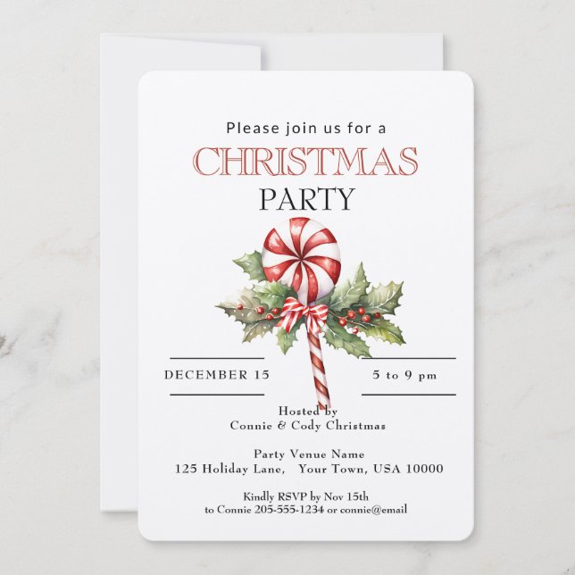 Red & White Striped Lollipop, Christmas Party  Invitation (Front)
