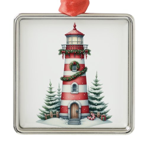RED &amp; WHITE STRIPED NAUTICAL CHRISTMAS LIGHTHOUSE METAL ORNAMENT