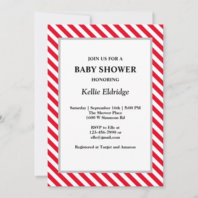 Red/White Stripes Baby Shower Invitation (Front)