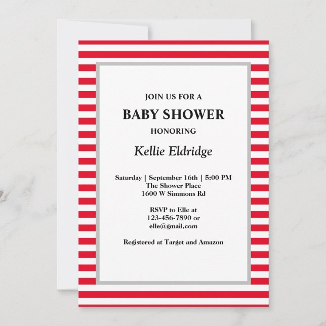 Red/White Stripes Baby Shower Invitation (Front)