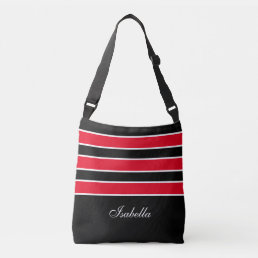 Red White Stripes &amp; Calligraphy on Black Crossbody Bag
