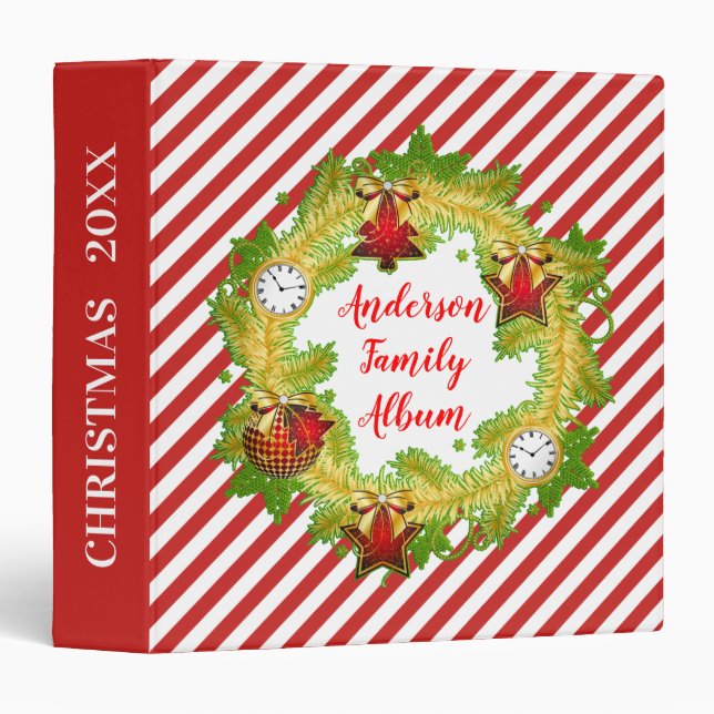 Red White Stripes Christmas Family Photo Album 3 Ring Binder (Front/Spine)