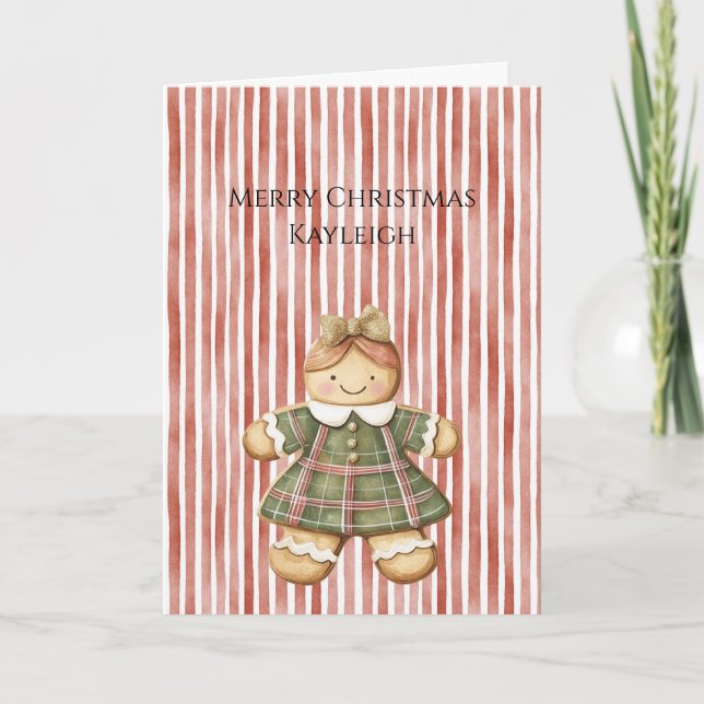 Red White Stripes Christmas Gingerbread Girl Card (Front)