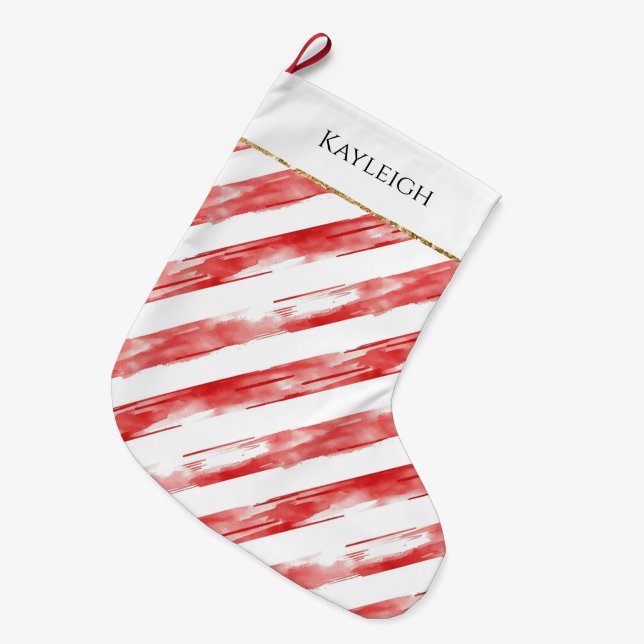 Red White Stripes Christmas Gold Glitter Large Christmas Stocking (Front (Hanging))
