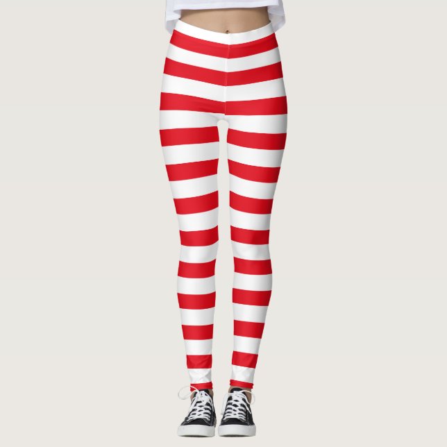 Red & White Stripes Christmas Halloween Leggings (Front)