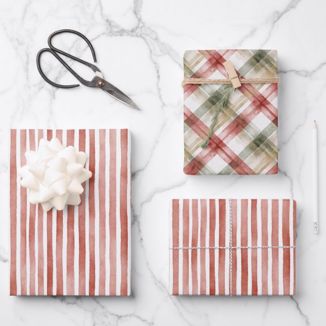 Red White Stripes Christmas Wrapping Paper Sheets (Front)