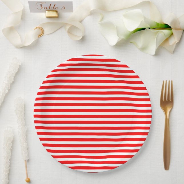 Red White Stripes Circus Carnival Kids Birthday Paper Plates (Wedding)