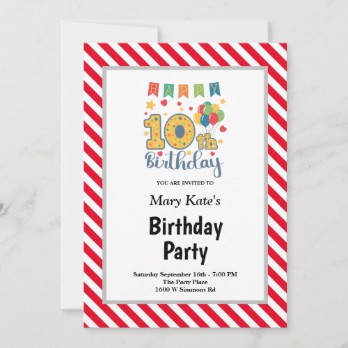 RedWhite Stripes Framed 10th Birthday Party Invitation