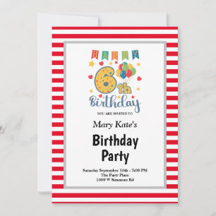 Red/White Stripes Framed 6th Birthday Party Invitation