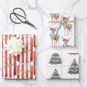 Red White Stripes Gold Glitter Christmas Deer Tree Wrapping Paper Sheets