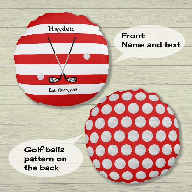 Red white stripes golf text add name round pillow (Creator Uploaded)