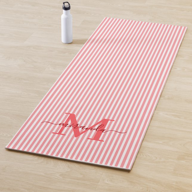 Red & White Stripes Monogram Name Yoga Mat (In Situ)