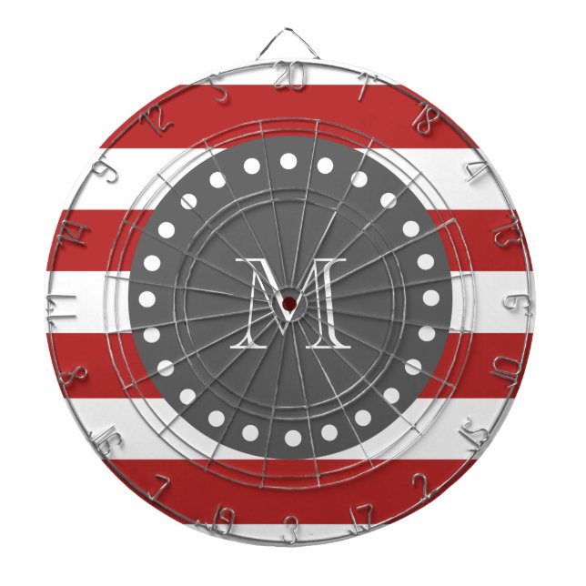 Red White Stripes Pattern, Charcoal Monogram Dartboard With Darts (Front)