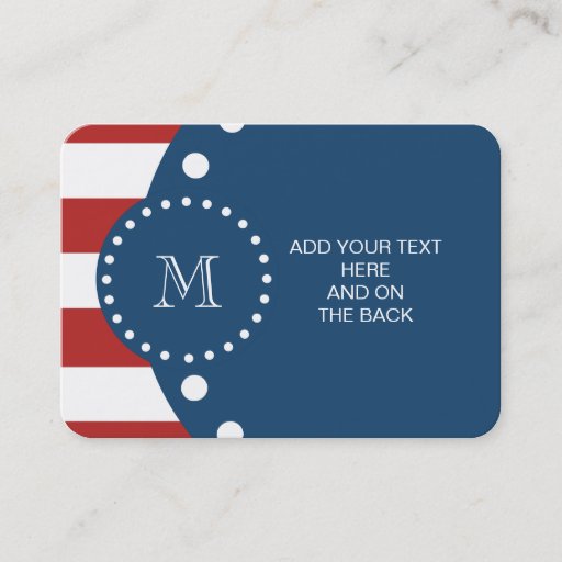 Customizable Red White Stripes Pattern, Navy Blue Monogram Business Card Template