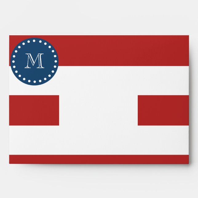 Red White Stripes Pattern, Navy Blue Monogram Envelope (Front)