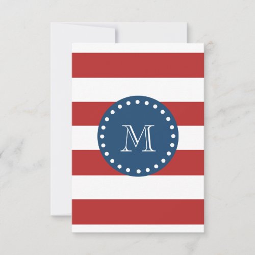 Red White Stripes Pattern Navy Blue Monogram Invitation