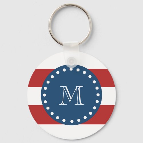 Red White Stripes Pattern Navy Blue Monogram Keychain