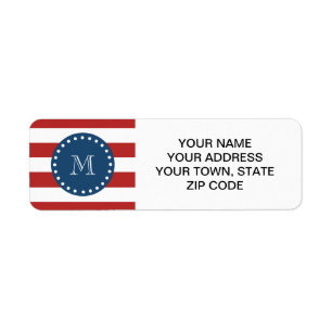 Red White Stripes Pattern, Navy Blue Monogram Label