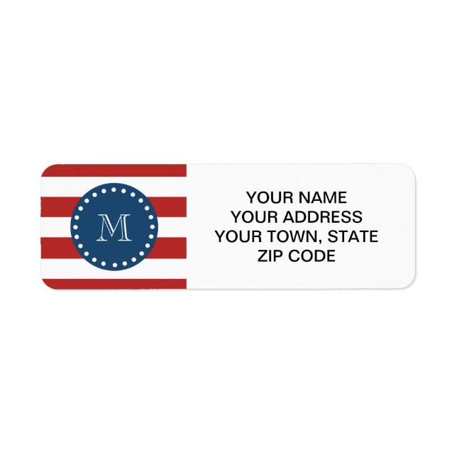 Red White Stripes Pattern, Navy Blue Monogram Label (Front)