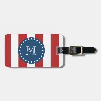 Red White Stripes Pattern  Navy Blue Monogram Luggage Tag by GraphicsByMimi at Zazzle