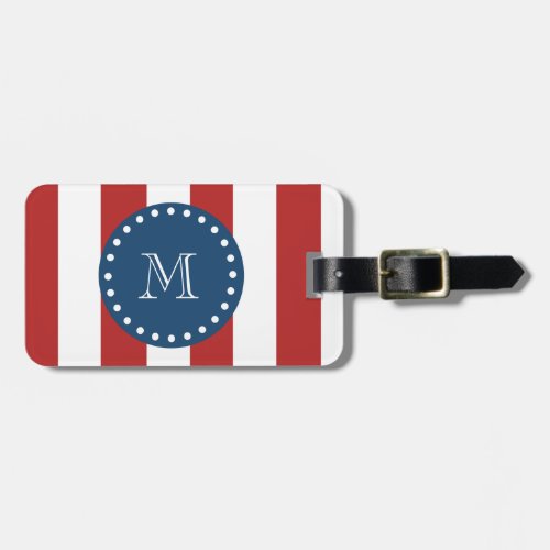 Red White Stripes Pattern Navy Blue Monogram Luggage Tag