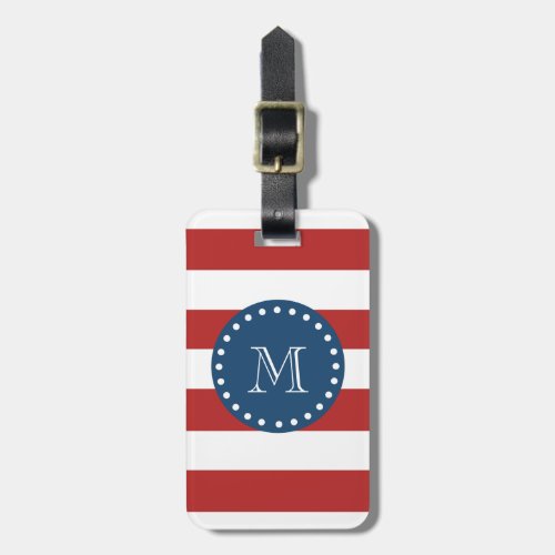 Red White Stripes Pattern Navy Blue Monogram Luggage Tag