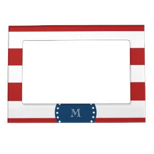 Red White Stripes Pattern, Navy Blue Monogram Magnetic Picture Frame