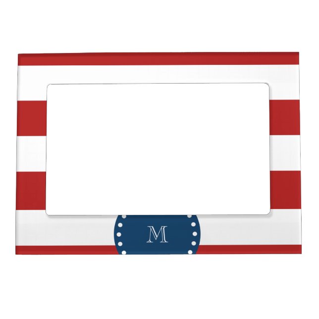 Red White Stripes Pattern, Navy Blue Monogram Magnetic Picture Frame (Front)