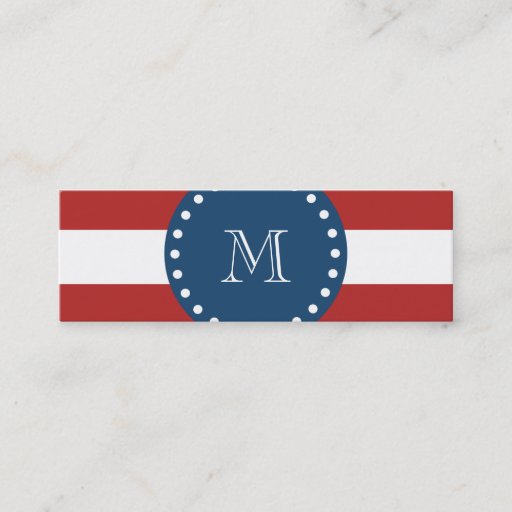 Customizable Red White Stripes Pattern, Navy Blue Monogram Business Card Template