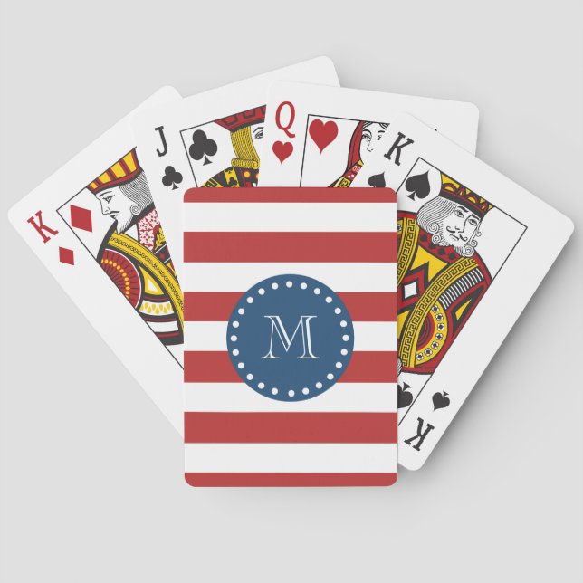 Red White Stripes Pattern, Navy Blue Monogram Poker Cards (Back)