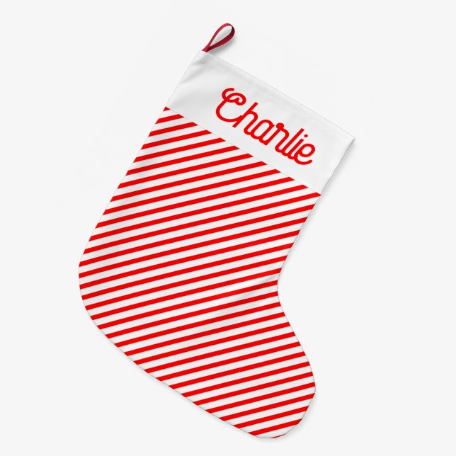 Red & White Stripes Personalized Large Christmas Stocking (Front (Hanging))