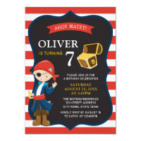 Red White Stripes Pirate Boy Birthday Invitation