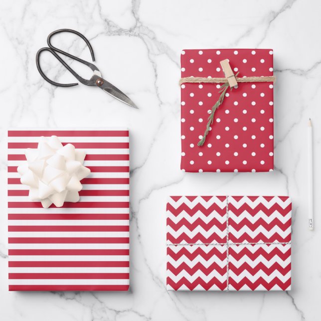 Red & White Stripes Polka Dot Chevron  Wrapping Paper Sheets (Front)