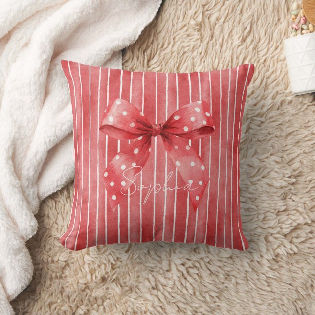 Red White Stripes Polka Dots Bow Throw Pillow (Blanket)