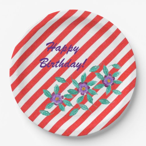 Red White Stripes Purple Flowers Birthday Plates