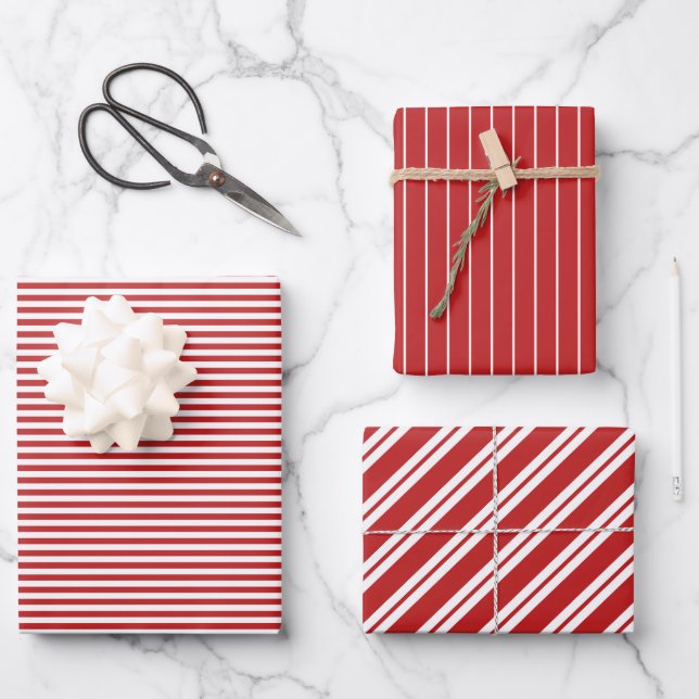 Red White Stripes Simple Holiday Patterns Wrapping Paper Sheets (Front)