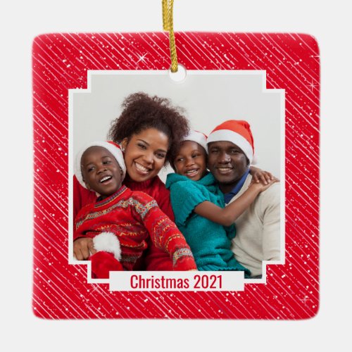 Red White Stripes Square Family Photo Christmas Ceramic Ornament