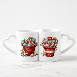 RED & WHITE SUMMER SAND BUCKET & SEASHELLS COFFEE MUG SET