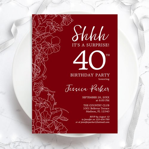 Red White Surprise 40th Birthday Invitation