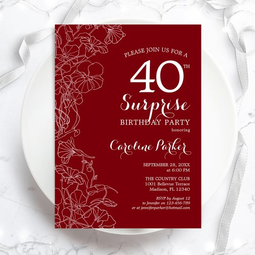 Red White Surprise 40th Birthday Party Invitation