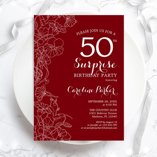 Red White Surprise 50th Birthday Party Invitation