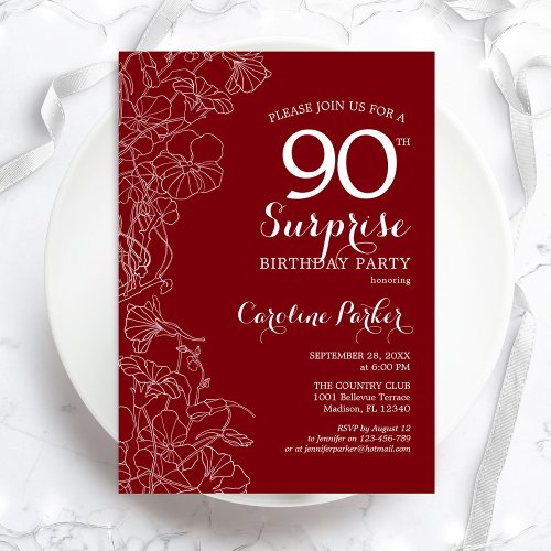 Red White Surprise 90th Birthday Party Invitation