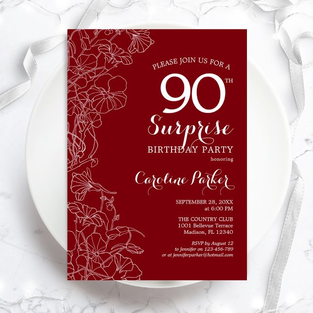 Red White Surprise 90th Birthday Party Invitation (Creator Uploaded)