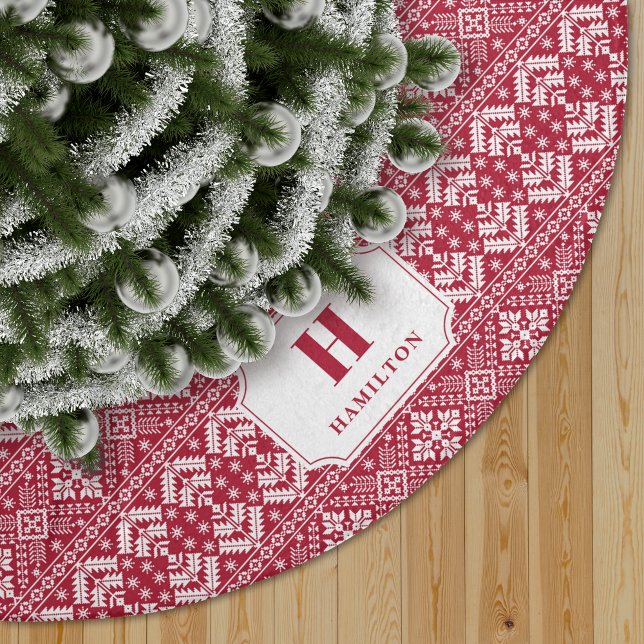 Red & White Sweater Pattern Monogram Brushed Polyester Tree Skirt (Creator Uploaded)
