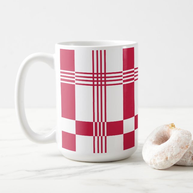 Red White Tartan Check Plaid  Coffee Mug (With Donut)