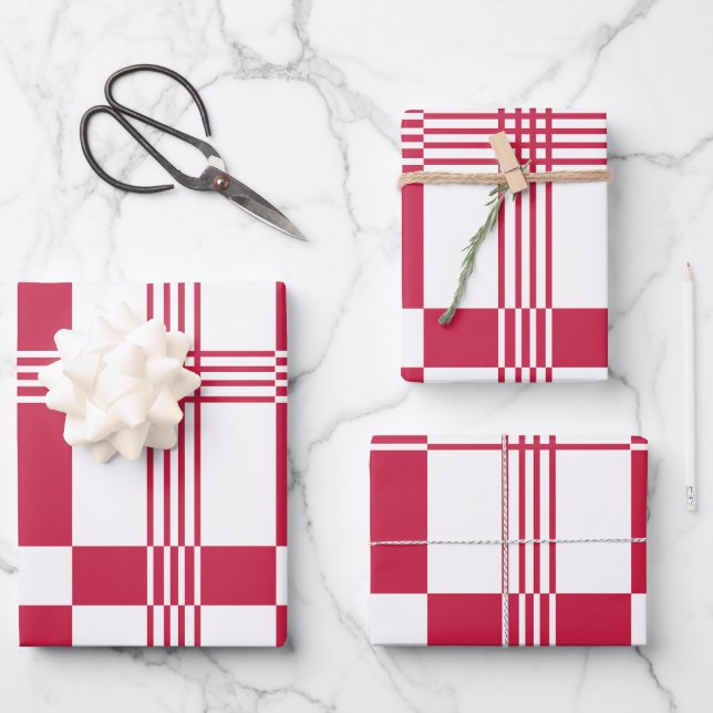 Red White Tartan Check Stripes Wrapping Paper Sheets (Front)