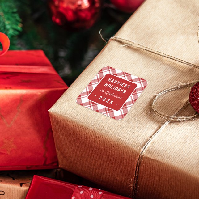 Red & White Tartan Plaid Happiest Holidays Square Sticker (Creator Uploaded)